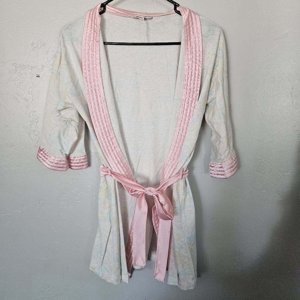 Danni Vintage Women's Robe Quarter Sleeve Mini Short Pink White Pastel Floral 90